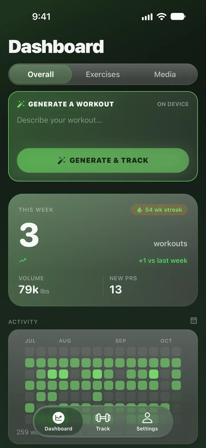Brolift Dashboard on iPhone in the Forest theme, green accents on charcoal, showing the Generate a workout panel, the This Week card with 3 workouts and the activity heatmap.