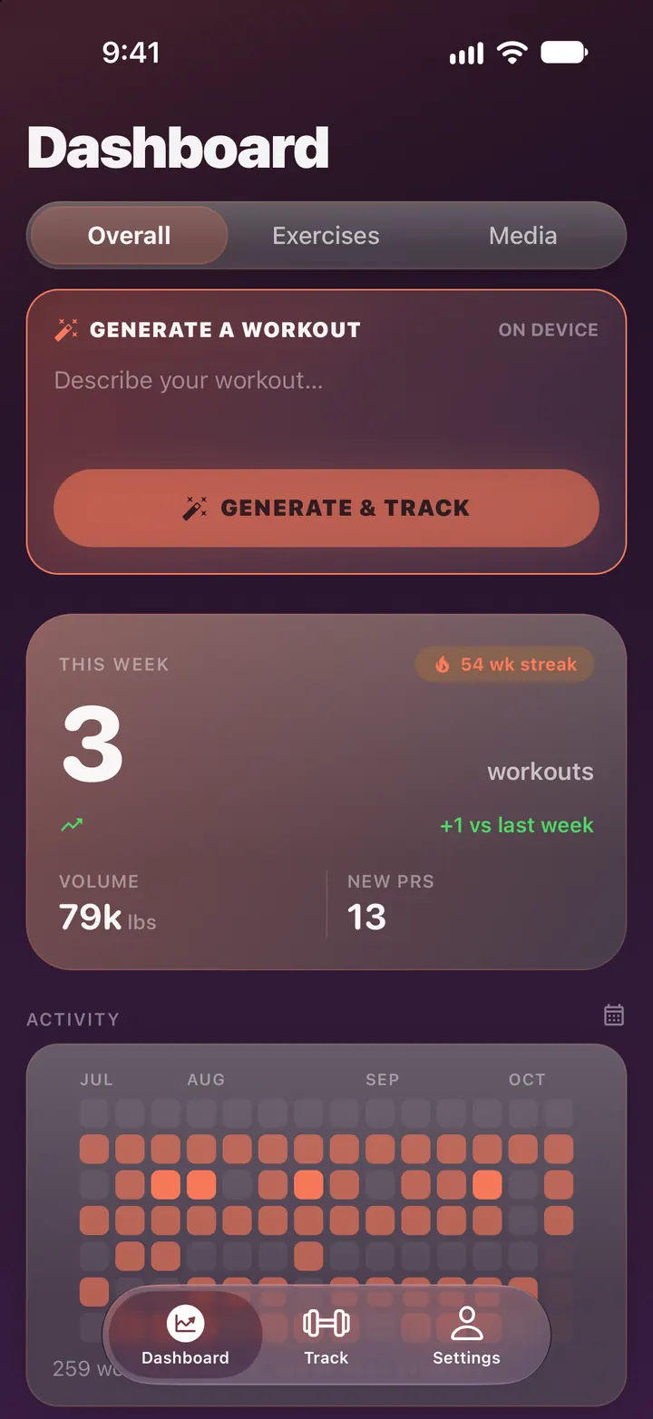 Brolift Dashboard on iPhone in the Sunset theme, coral accents on dark plum, showing the Generate a workout panel, the This Week card with 3 workouts and the activity heatmap.
