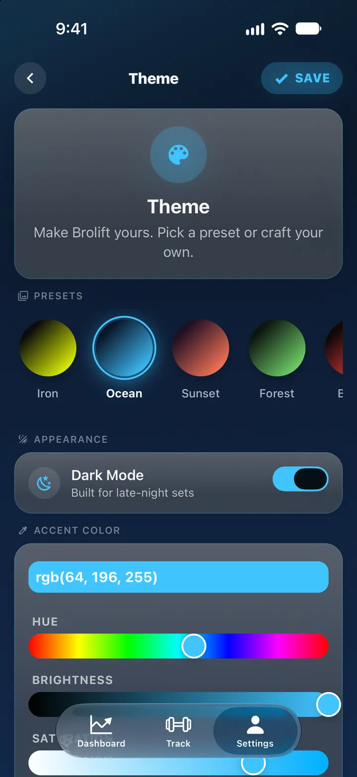 Brolift Theme settings on iPhone with preset swatches Iron, Ocean (selected), Sunset and Forest and a fifth partly visible, a Dark Mode switch turned on, and an accent color with hue and brightness sliders.